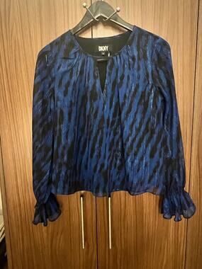 DKNY Blouse XS Blue Black Long Sleeve Sheer Top Ruffle Cuff Women’s Shirt